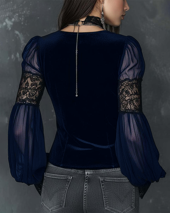 Button-Down V-Neck Puff Sleeve Blouse