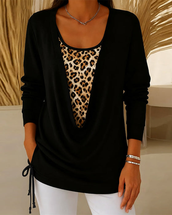Fake Two-Piece Lace-Up Leopard Print T-Shirt