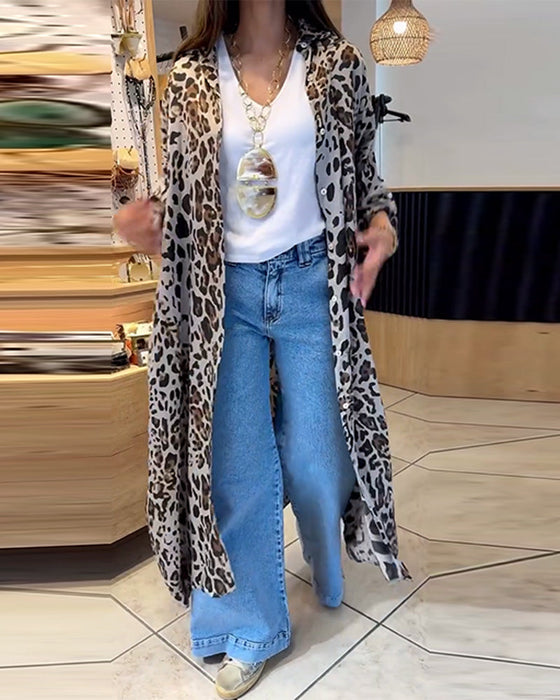 Leopard print long sleeve button long coat