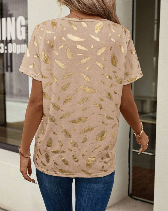 V-Neck Leaf Print Casual T-Shirt