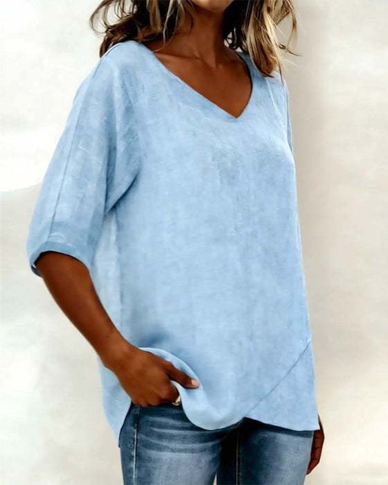 Irregular Hem Solid Color V-Neck Top