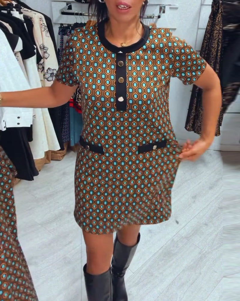 Fashionable polka dot print round neck short sleeve dress