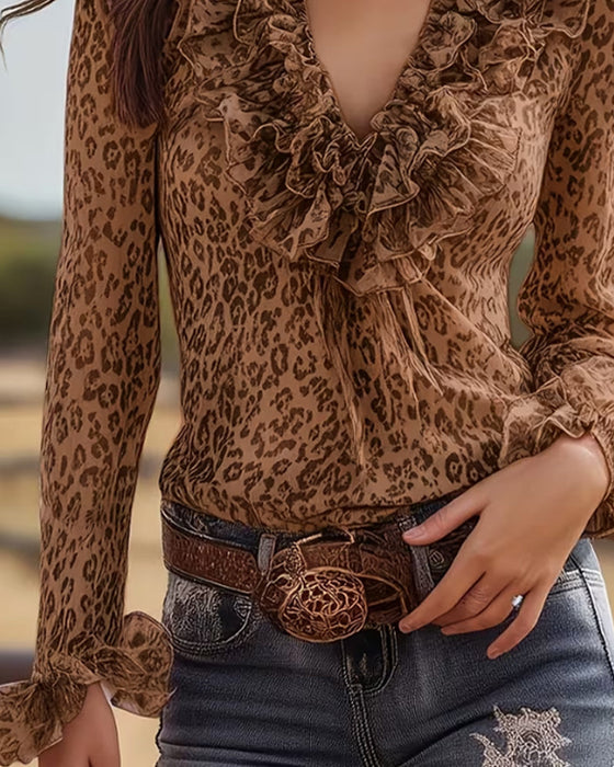 Ruffled V-Neck Leopard Print Blouse