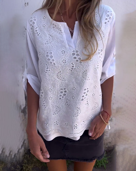 Solid Color Patchwork Printed Roll-Up Sleeve Blouse