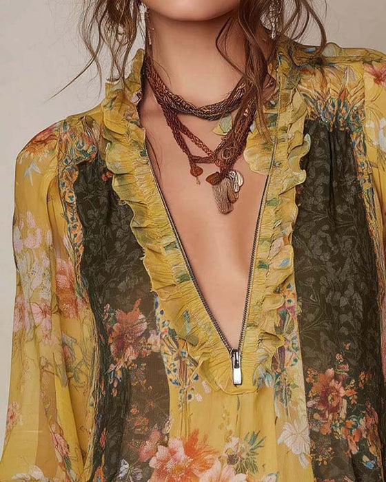 Half-Zip Floral Print Blouse