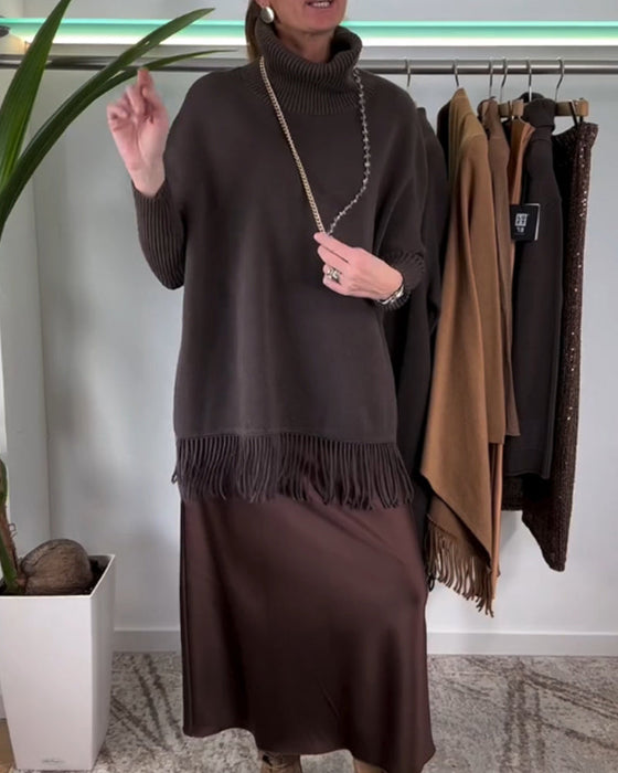 High neck solid color tassel pullover