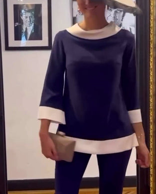 Casual contrast color stand collar loose top