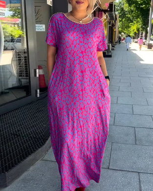 Temperament Short-Sleeved Drape Print Dress