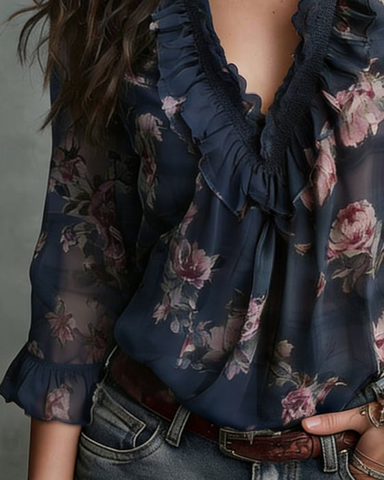 Floral V-Neck Ruffled Blouse
