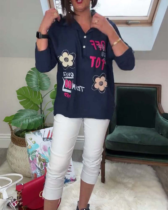 Casual floral lettering embroidered long-sleeve hooded top
