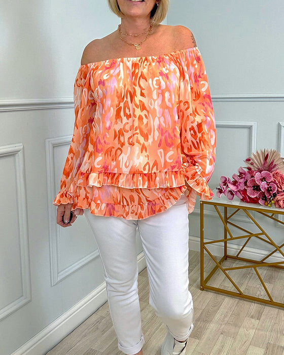 Long Sleeve Wide Collar Printed Blouse