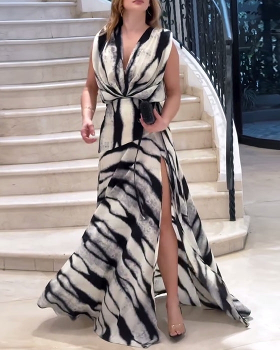 Sleeveless V-Neck Printed Slit Maxi Dress