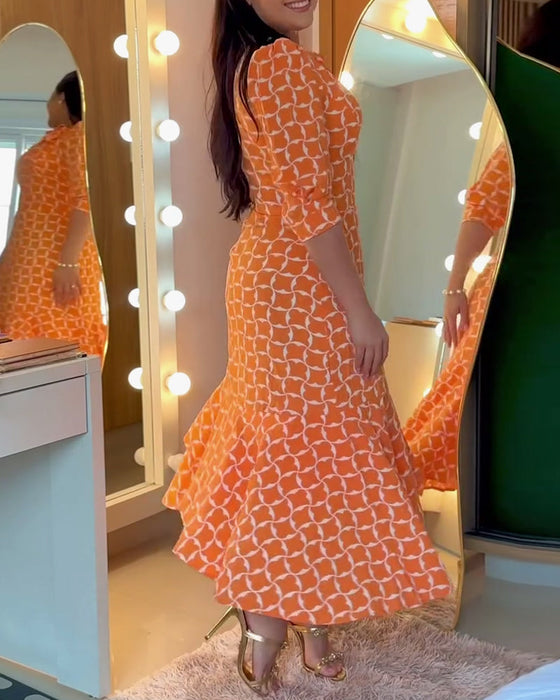 Half Sleeve Round Neck Waist Print Dress