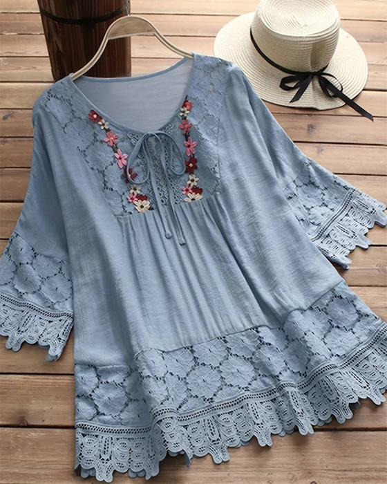 Solid color lace lace hollow blouse