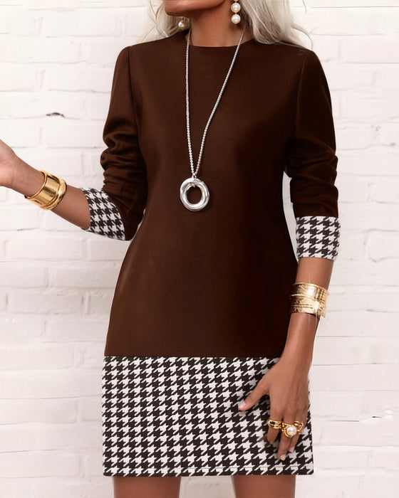 Houndstooth Paneled Long-Sleeved Dress