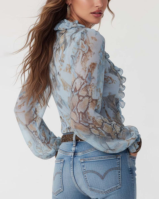 Ruffled Zipper Long-Sleeved Printed Blouse