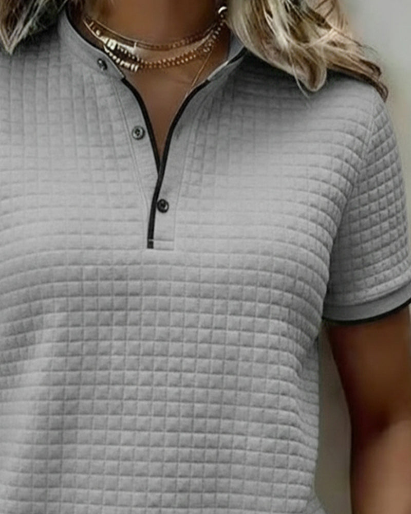 Waffle-Knit Button-Down Short-Sleeved Top