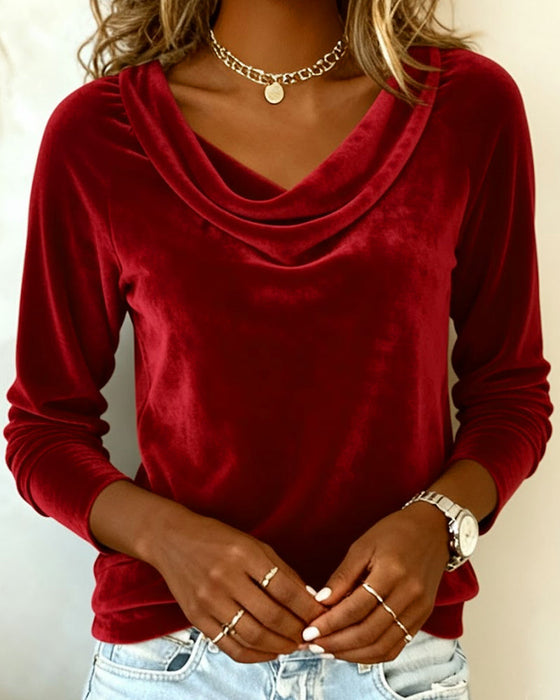 Velvet Solid Color Long-Sleeved Top