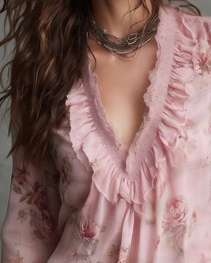 Floral V-Neck Ruffled Blouse