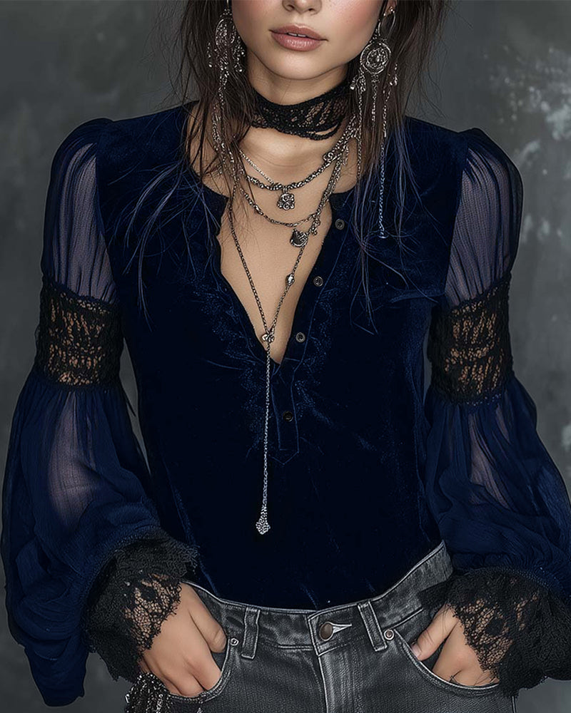 Button-Down V-Neck Puff Sleeve Blouse