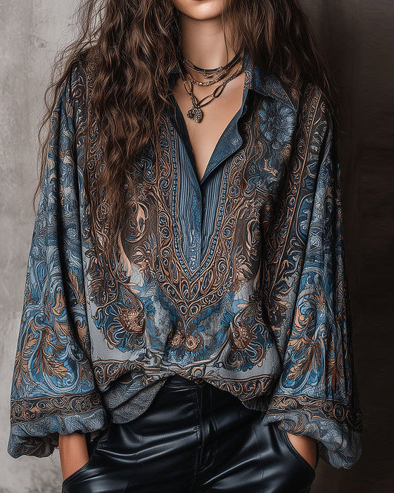 Retro Print V-Neck Lapel Sophisticated Blouse