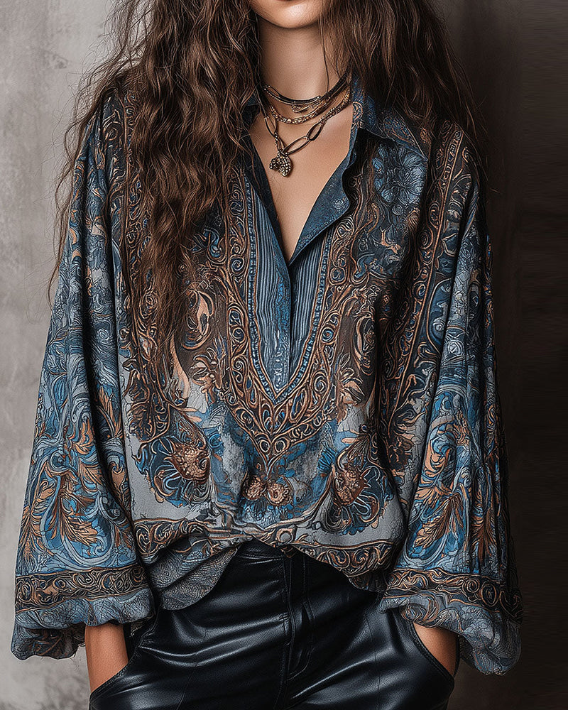 Retro Print V-Neck Lapel Sophisticated Blouse