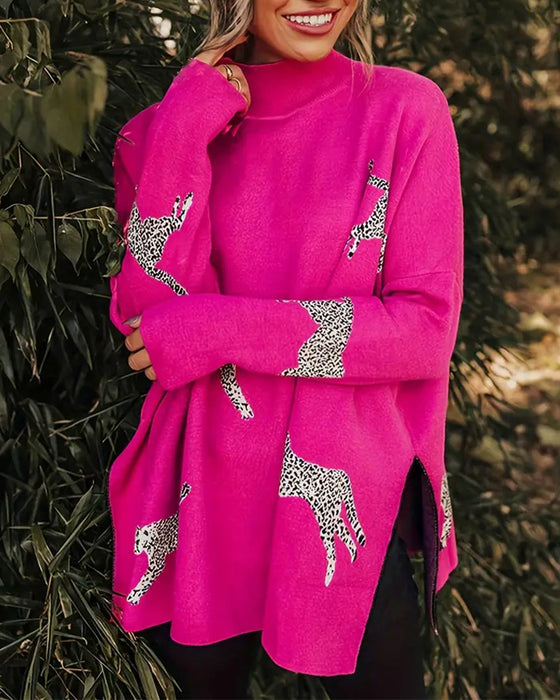 Stylish loose high neck leopard print pullover
