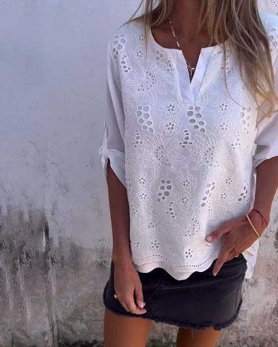 Solid Color Patchwork Printed Roll-Up Sleeve Blouse