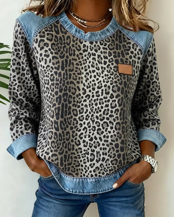 Leopard Print Denim Patchwork Sweatshirt