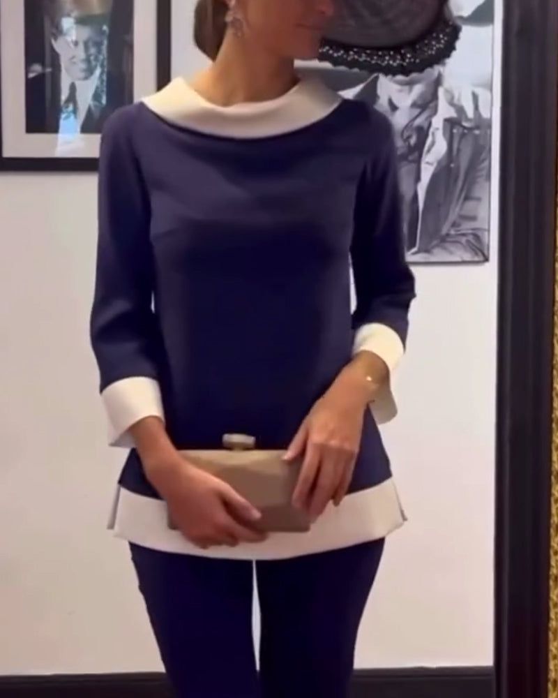 Casual contrast color stand collar loose top