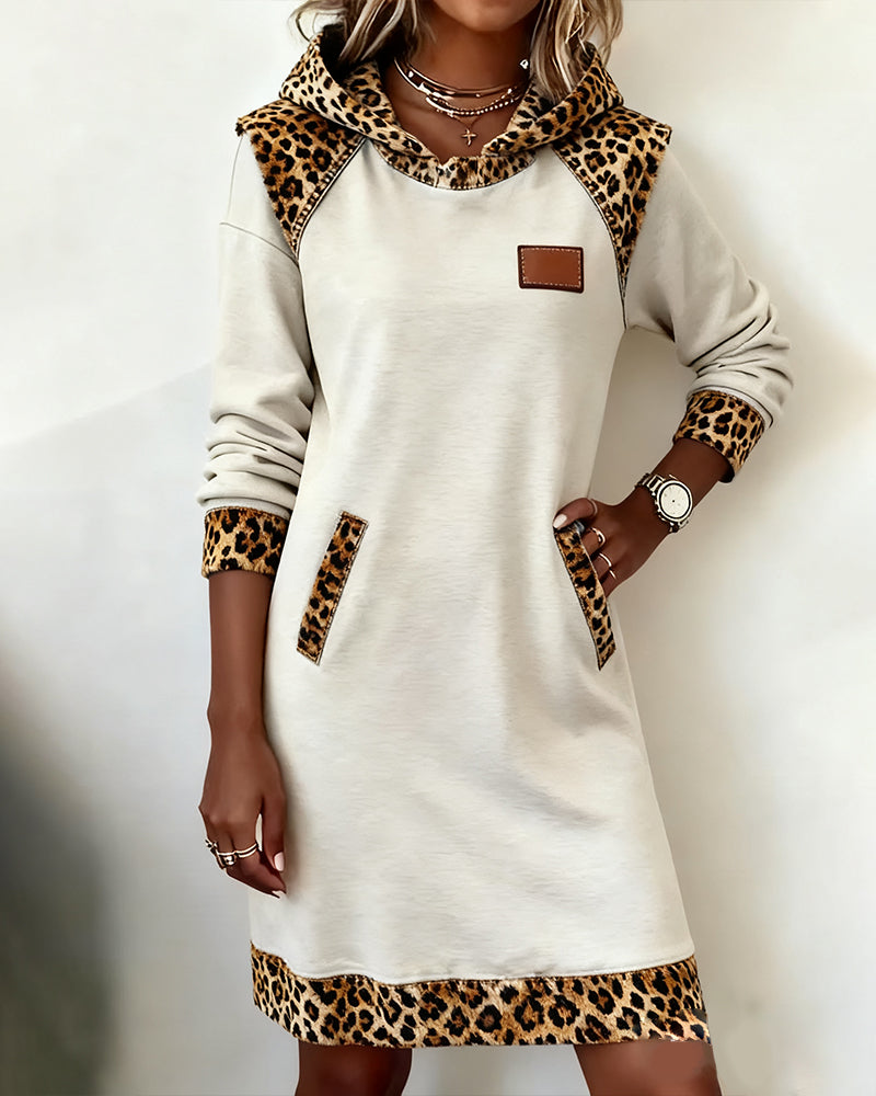 Casual Hooded Leopard-Panel Dress
