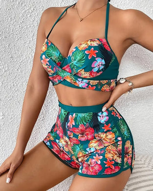 Casual Floral Print Shorts Three-Piece Swimsuit
