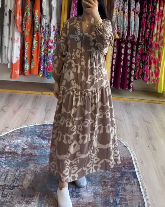 Printed button-stitched loose dress