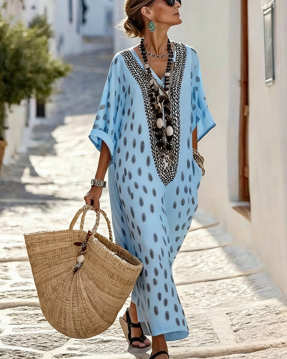 V-Neck Polka-Dot Resort Print Dress