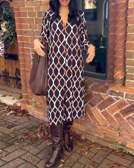 Retro geometric print V-neck casual dress