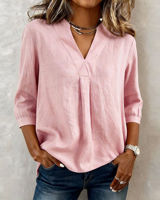 Casual Cotton Solid-Color V-Neck Blouse