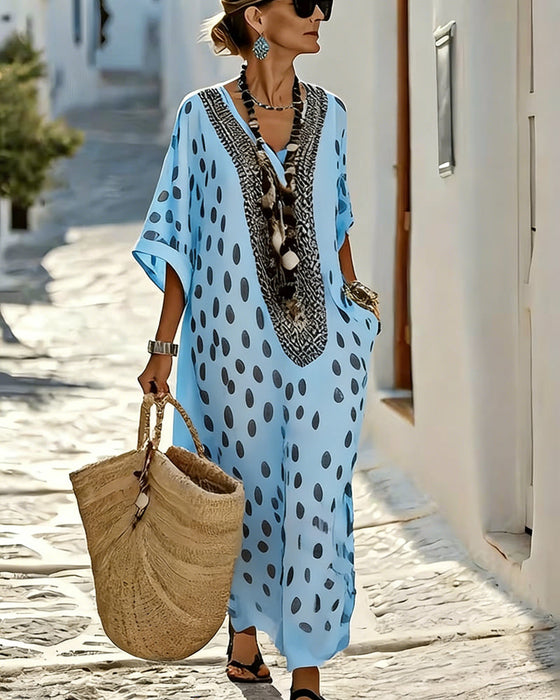 V-Neck Polka-Dot Resort Print Dress