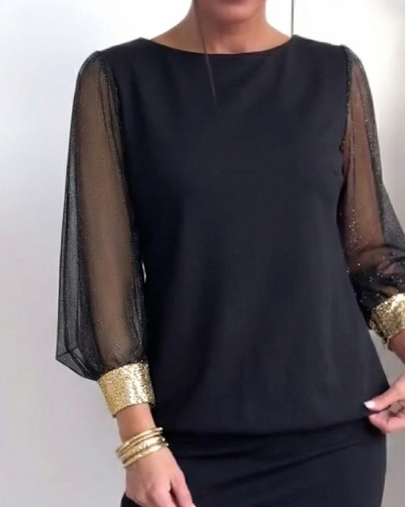 Tulle Color-Blocking Long Sleeve Dress