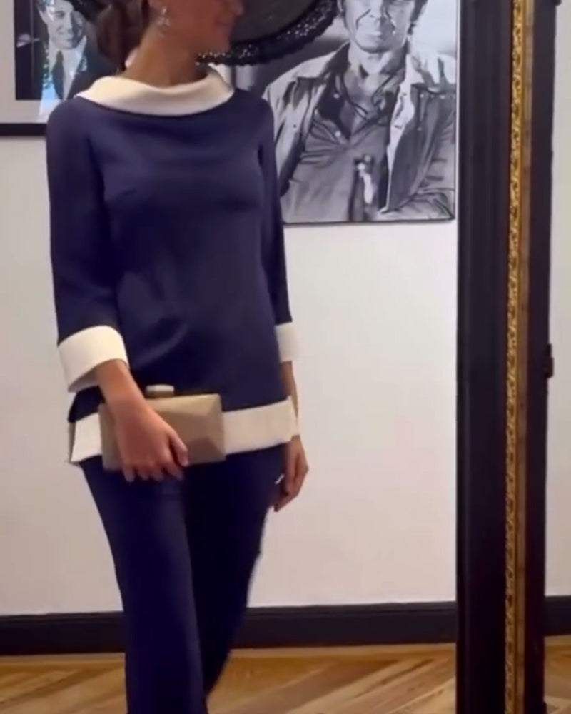 Casual contrast color stand collar loose top