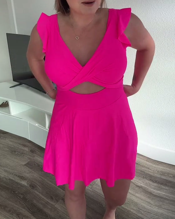 Ruffle Sleeve Solid Color Swimsuit