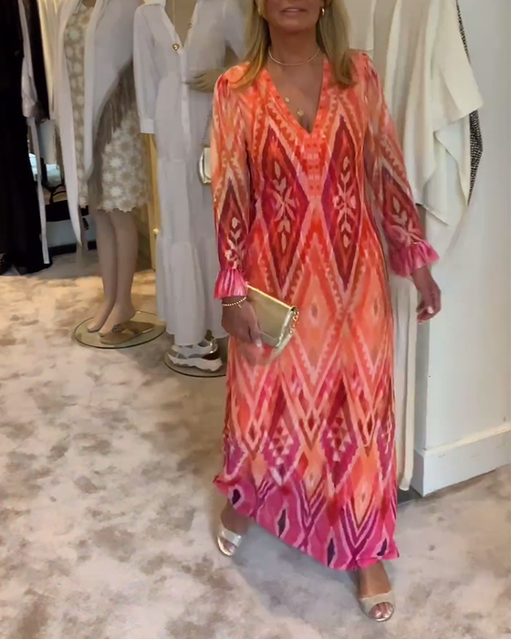 Retro geometric print deep v long sleeve dress