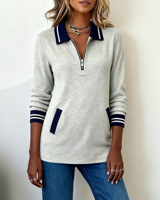 Lapel Zipper Contrast Color Loose Sweatshirt