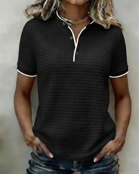 Waffle-Knit Button-Down Short-Sleeved Top