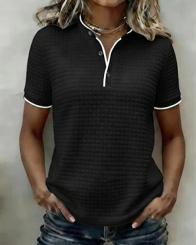 Waffle-Knit Button-Down Short-Sleeved Top