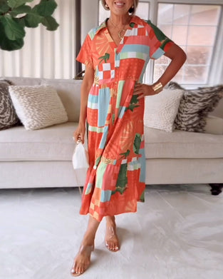 V-Neck Short-Sleeved Printed Casual Dress