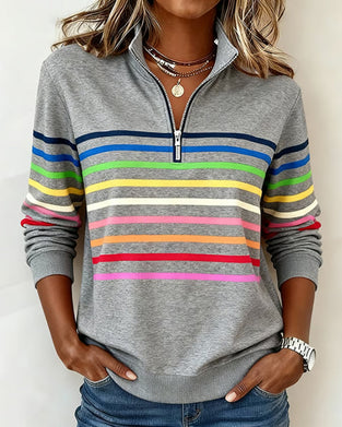 Half-Zip Collar Fashionable Rainbow Striped Sweatshirt
