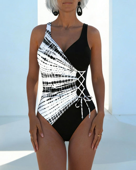 Color-Blocked Polka Dot One-Piece Swimsuit