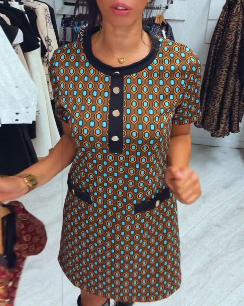 Fashionable polka dot print round neck short sleeve dress