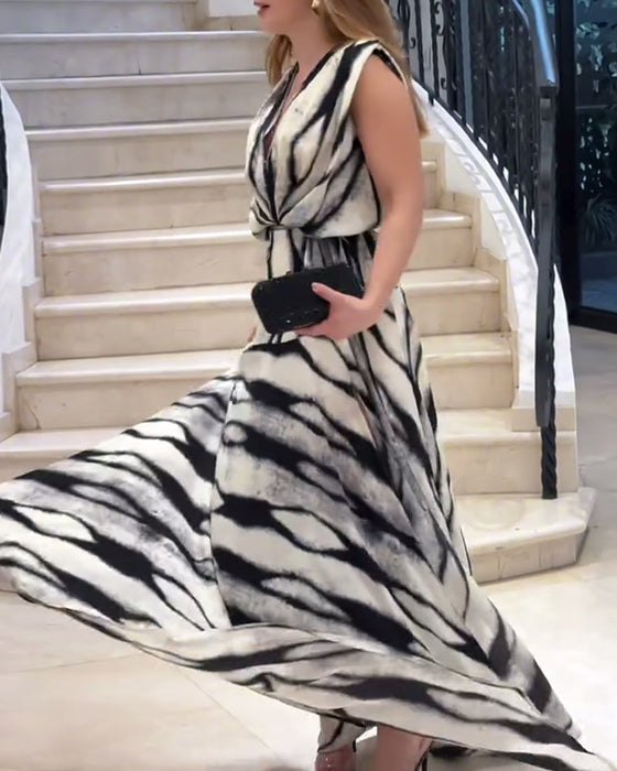 Sleeveless V-Neck Printed Slit Maxi Dress