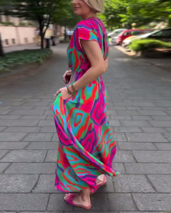 Colorful printed V-neck raglan sleeves long dress